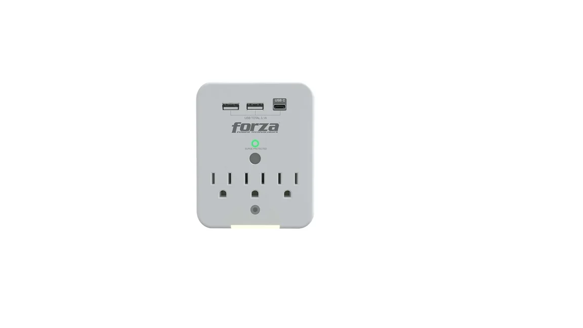 Forza FWT-331USBC – Protector contra sobretensiones (montaje en pared) – CA 125 V – 1875 vatios – conectores de salida: 3 – blanco